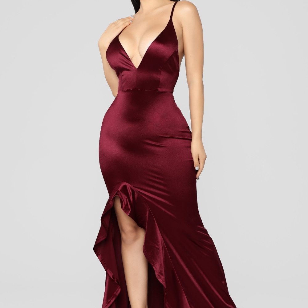Fashion Nova Satin Mermaid Gown in Wine